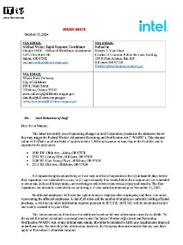 英特尔宣布11月将在俄勒冈州裁员1300人