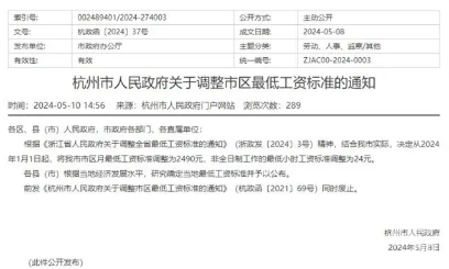 杭州市区最低工资标准调整至2490元，非全日制时薪同步上调(图1)